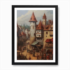 Vintage Castle & Village Fair Oil Painting Art Print