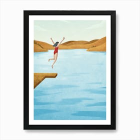 Illustration Of A Woman Jumping Off A Dock Art Print