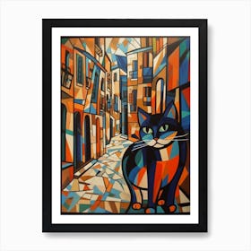 Painting Of Barcelona With A Cat In The Style Of Cubism, Picasso Style 1 Art Print