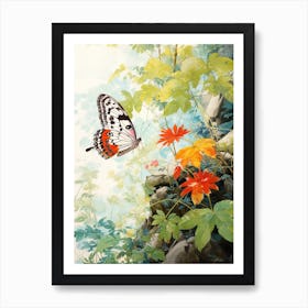 Butterfly In The Rocky Landscape Japanese Style Painting Art Print