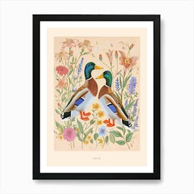Folksy Floral Animal Drawing Duck Poster Art Print
