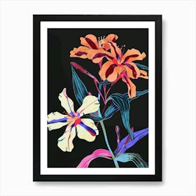 Neon Flowers On Black Phlox 2 Art Print