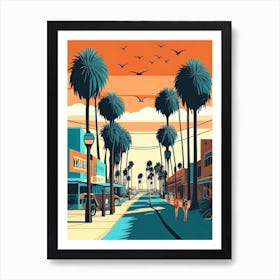 Sunset in the Streets of Venice Beach, Los Angeles, USA - Retro Landscape Beach and Coastal Theme Travel Poster Art Print