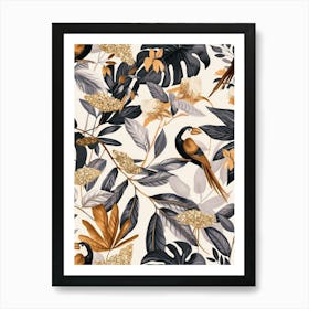 Tropical Pattern With Birds And Leaves Art Print