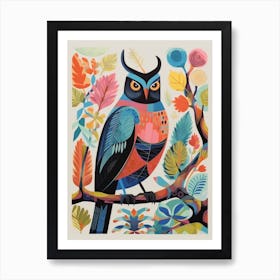 Colourful Scandi Bird Eastern Screech Owl 1 Art Print