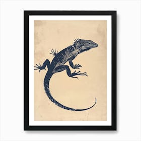 Navy Blue Fiji Crested Iguana Block Print 1 Art Print