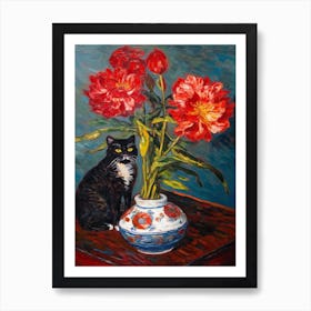 Still Life Of Peony With A Cat 3 Art Print