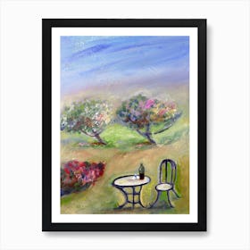 Garden Pleasure painting hand painted wine trees furniture blossom flowers green blue impressionism kitchen living room Art Print