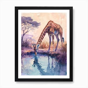 Giraffe By The Watering Hole Watercolour Illustration 1 Art Print