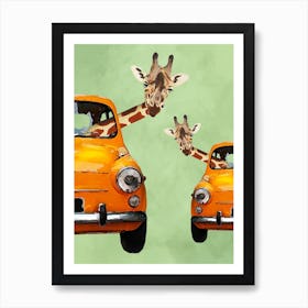Giraffes In Yellow Cars Art Print