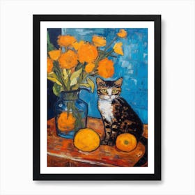 Still Life Of Marigold With A Cat 3 Art Print