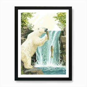 Polar Bear Catching Fish In A Waterfall Storybook Illustration 4 Art Print