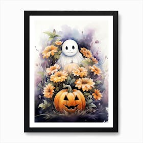 Cute Bedsheet Ghost, Botanical Halloween Watercolour 151 Art Print