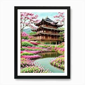 Asian Garden Cherry Blossoms Mount Fuji Japan Art Print