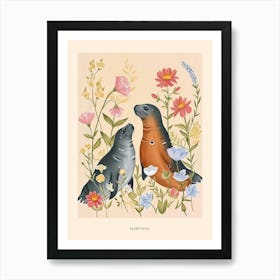 Folksy Floral Animal Drawing Harp Seal Poster Art Print