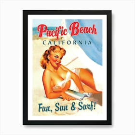 Pinup Erotic Girl On Pacific Beach, California Art Print