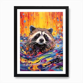A Swimming Raccoon Vibrant Paint Splash 4 Art Print