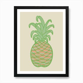 GOOD LUCK PINEAPPLE Vintage Hawaiian Tropical Summer Fruit in Green Pink on Cream Art Print