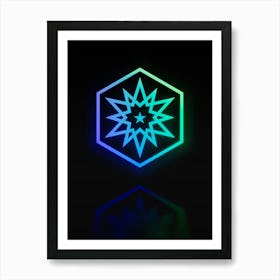 Neon Blue and Green Abstract Geometric Glyph on Black n.0371 Art Print