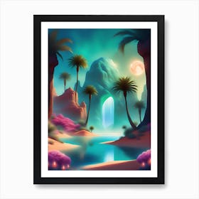 Desert Landscape With Palm Trees Art Print