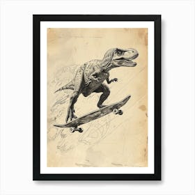 Vintage Deinonychus Dinosaur On A Skateboard   1 Art Print