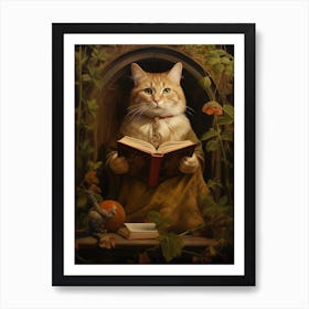 Medieval Cat Reading A Book Romantesque Style Art Print