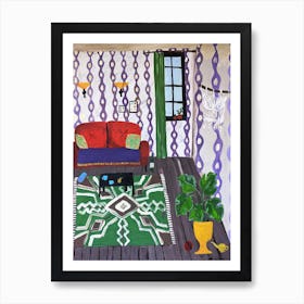 A room with a red sofa and a green carpet Art Print
