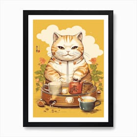 Kawaii Cat Drawings Drinking Tea 2 Art Print