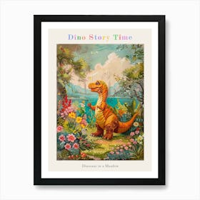 Dinosaur In A Floral Meadow Vintage Storybook Painting 1 Poster Art Print