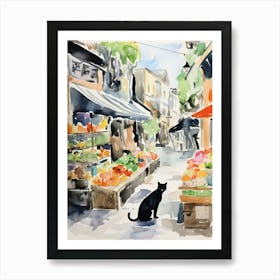 Food Market With Cats In Oslo 1 Watercolour Art Print