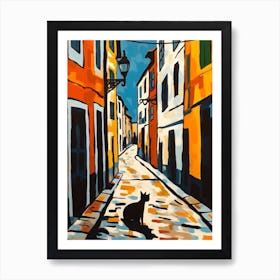 Painting Of A Street In Lisbon Portugal With A Cat In The Style Of Matisse 4 Art Print