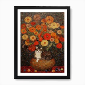 Chrysanthemums With A Cat 2 Art Nouveau Klimt Style Art Print