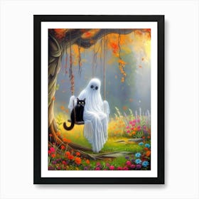 Ghost And Cat On Swing Art Print