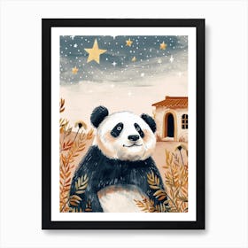 Giant Panda Looking At A Starry Sky Storybook Illustration 2 Art Print