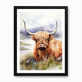 Highland Cow By The Lake Watercolour Art Print