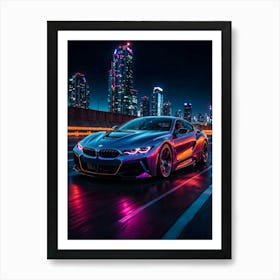 Cyberpunk BMW in a neon city. A racing supercar with futuristic design, night speed, and synthwave aesthetic. Art Print