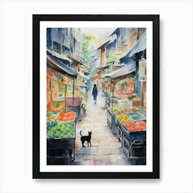 Food Market With Cats In Kyoto 1 Watercolour Art Print