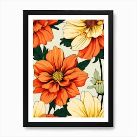 Seamless Pattern With Orange Flowers Art Print