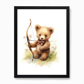 Archery Teddy Bear Painting Watercolour 1 Art Print