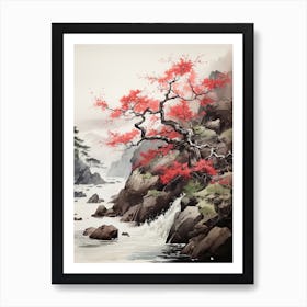 Red Tree Watercolor, Japanese Brush Painting, Ukiyo E, Minimal 2 Art Print