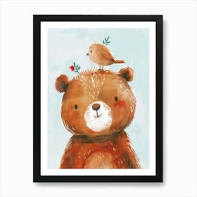Small Joyful Bear With A Bird On Its Head 2 Art Print