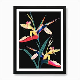 Neon Flowers On Black Heliconia 3 Art Print