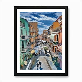 Vibrant Italian Alleyway. A lively, colorful street scene of a traditional Italian alleyway, capturing the charm of pastel-colored buildings, balconies adorned with plants, and a bustling atmosphere under a bright blue sky. The narrow street is filled with people strolling, giving a sense of warmth and community. Art Print