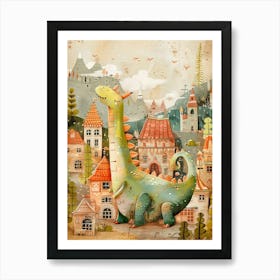 Dinosaur In A Village Storybook Style 1 Art Print