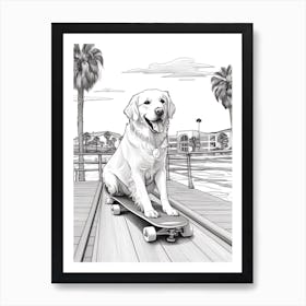 Golden Retriever Dog Skateboarding Line Art 1 Art Print