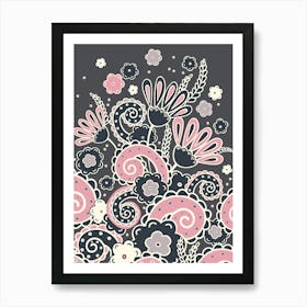 Doodles, Spring Garden, Grey and pink version Art Print