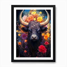 Highland Cow With Flowers Art Print