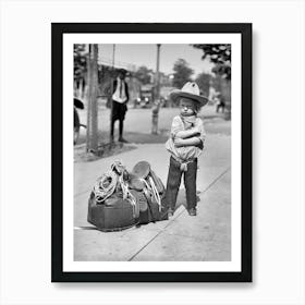 Little Cowboy With Saddle Black and White Vintage Photo Art Print