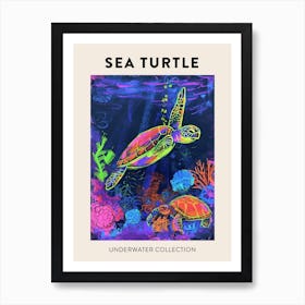 Neon Underwater Sea Turtle Poster 1 Art Print
