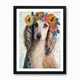 Afghan Hound Dog Portrait Retro Flowers Painting (12) Art Print